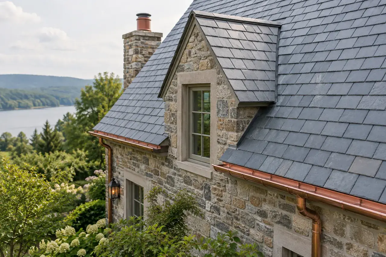 AI-generated natural slate roofing on a traditional stone cottage