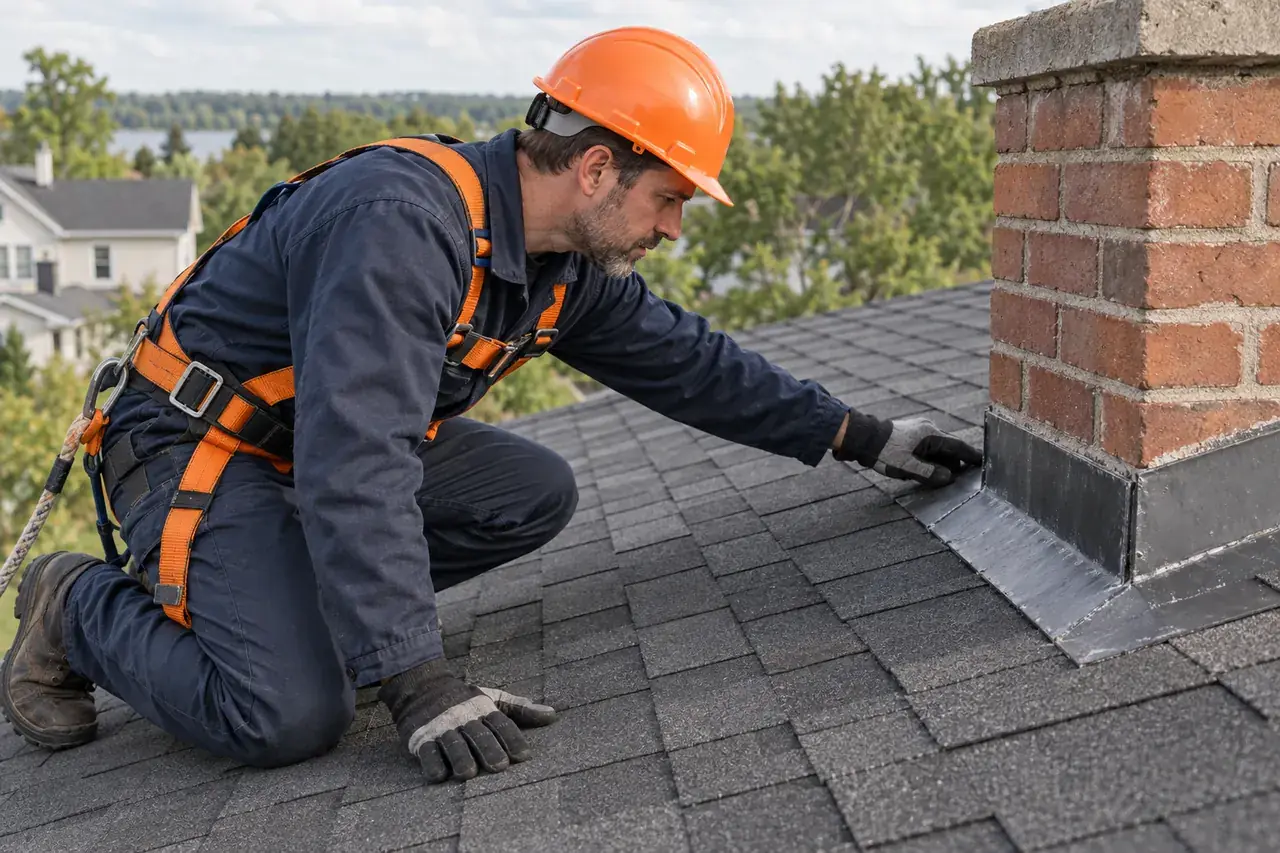 AI-generated illustration of a roofing professional inspecting shingles and chimney flashing