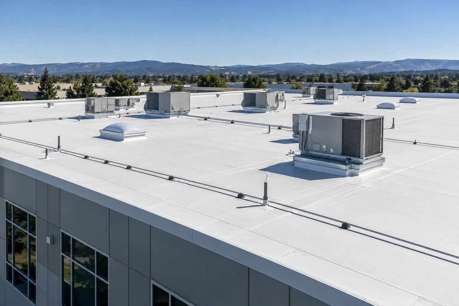 AI-generated illustration: Commercial flat membrane roof with rooftop equipment