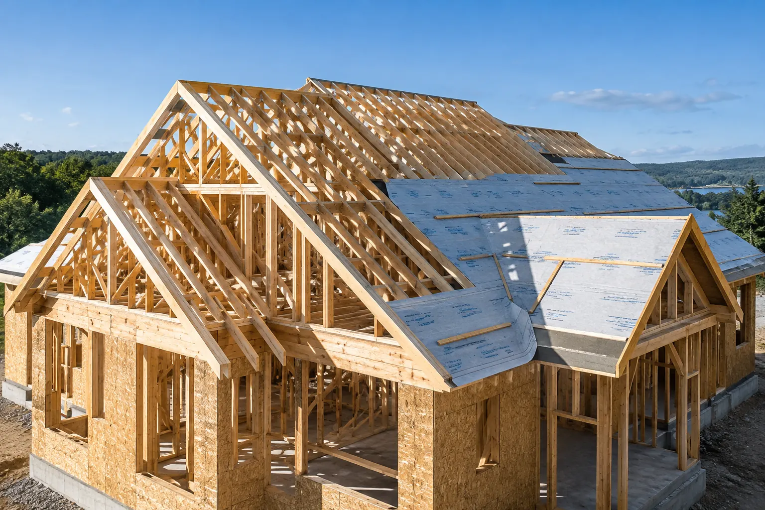 AI-generated illustration: Timber roof trusses on a house under construction