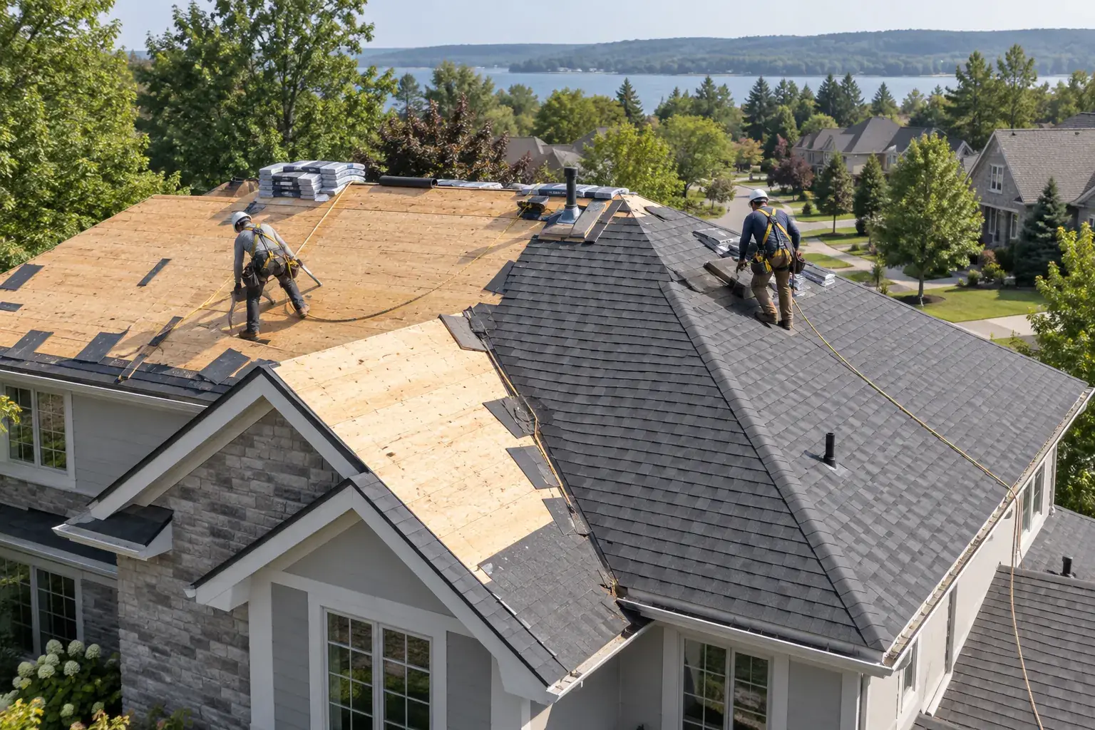 AI-generated illustration: Roof replacement with exposed decking and newly installed shingles