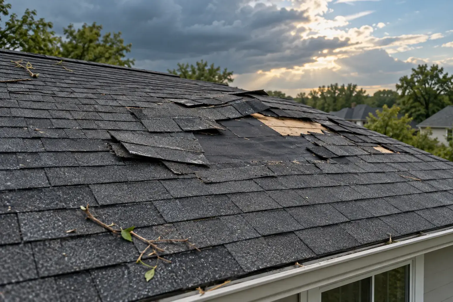 AI-generated illustration: Wind-lifted shingles and localized storm damage